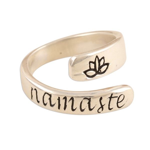 Alternate image for Sterling Silver Wrap Ring Namaste Lotus Inscription Lotus Namaste