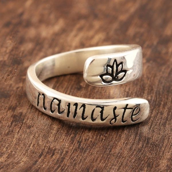 Alternate image for Sterling Silver Wrap Ring Namaste Lotus Inscription Lotus Namaste
