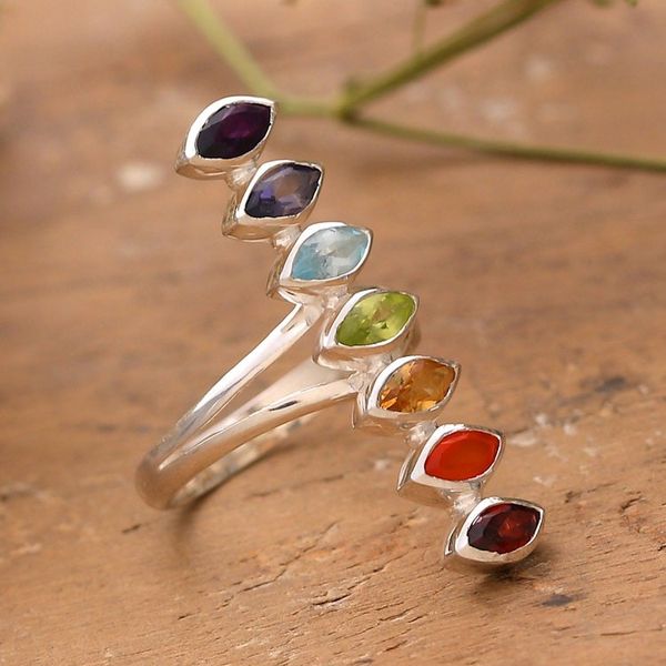 Alternate image for Chakra-Themed Multi-Gemstone Cocktail Ring Crafted in India Chakra Balance