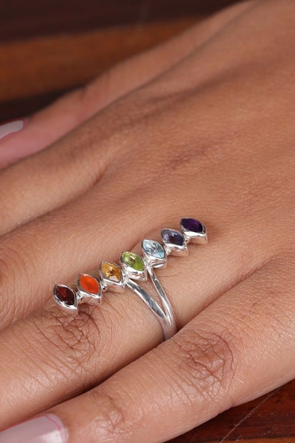 Alternate image for Chakra-Themed Multi-Gemstone Cocktail Ring Crafted in India Chakra Balance