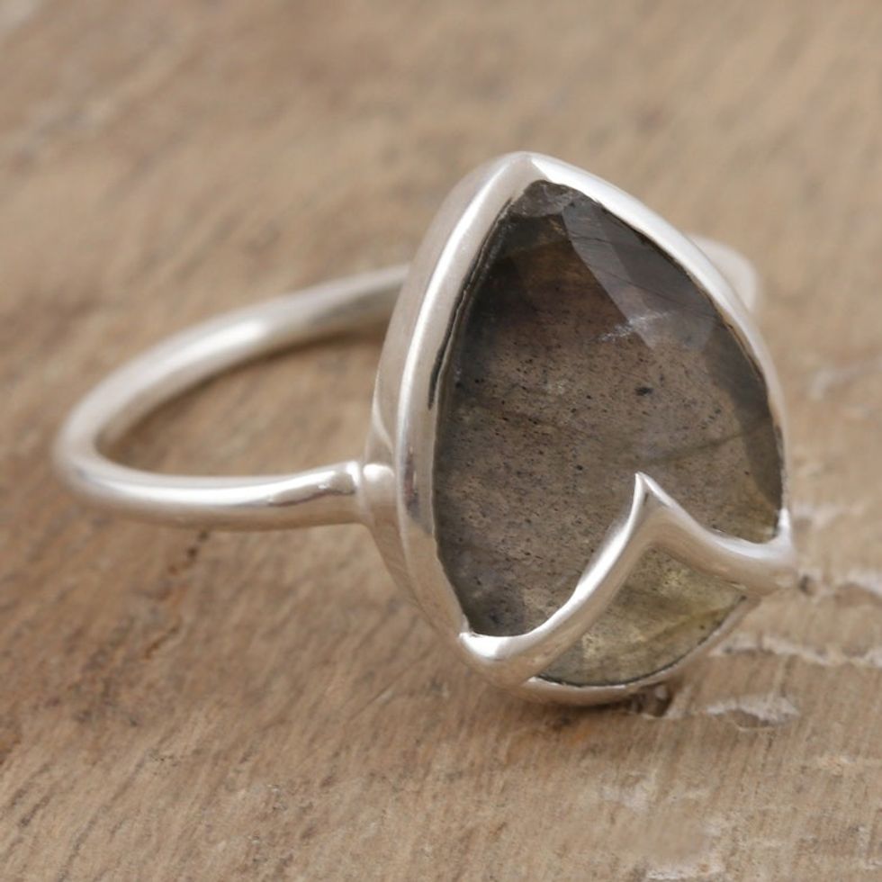 Labradorite and Sterling Silver Single Stone Ring 'Cool Drink in Iridescent'