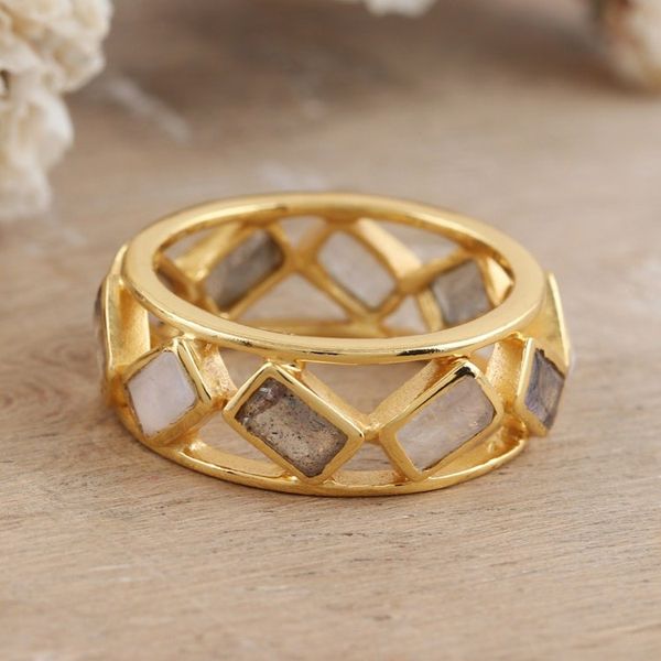 Alternate image for 18k Gold-Plated Labradorite Rainbow Moonstone Cocktail Ring Golden Appeal