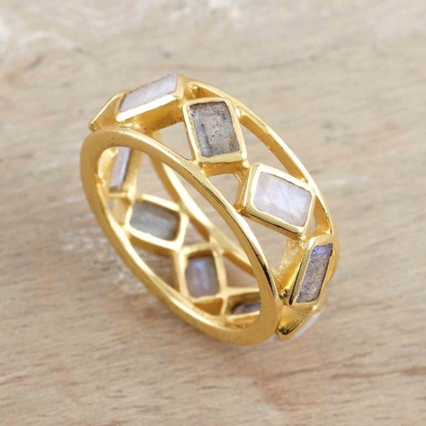 Alternate image for 18k Gold-Plated Labradorite Rainbow Moonstone Cocktail Ring Golden Appeal