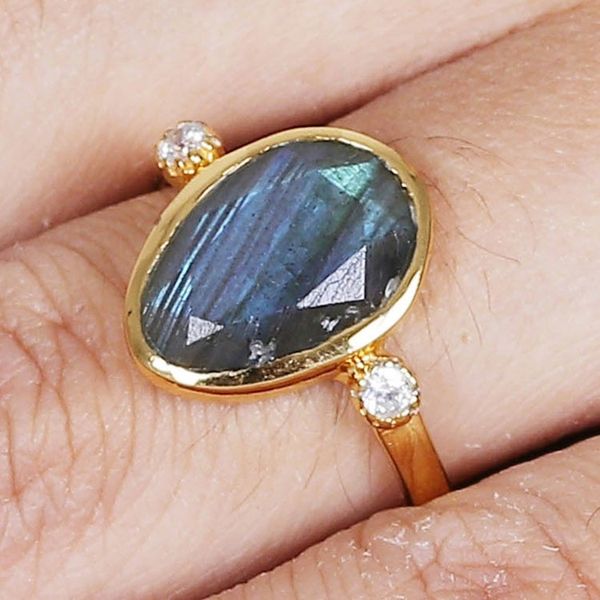 Alternate image for 18k Gold-Plated Pear-Shaped Labradorite Cocktail Ring Evening Light