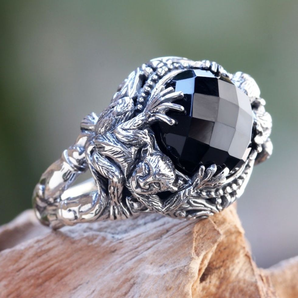 Sterling Silver Ring with Monkeys and Onyx from Bali 'Monkey Forest'