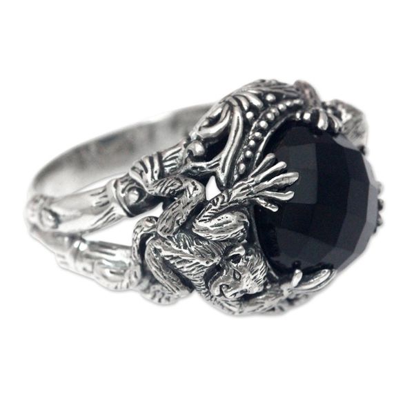 Alternate image for Sterling Silver Ring with Monkeys and Onyx from Bali Monkey Forest