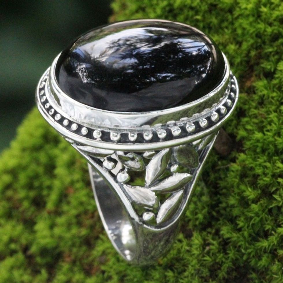 Onyx and Silver Ring from Indonesia 'Black Bamboo'