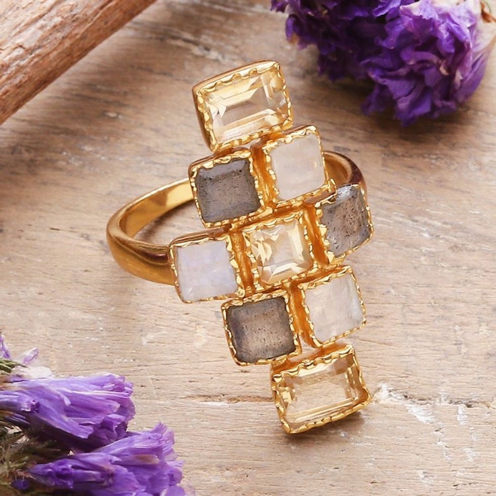 18k Gold-Plated Five-Carat Multi-Gemstone Cocktail Ring 'Glorious Mosaics'