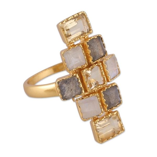 Alternate image for 18k Gold-Plated Five-Carat Multi-Gemstone Cocktail Ring Glorious Mosaics