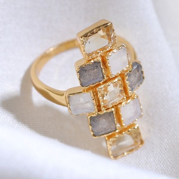Alternate image for 18k Gold-Plated Five-Carat Multi-Gemstone Cocktail Ring Glorious Mosaics