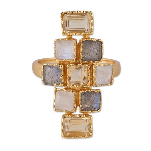 Alternate image for 18k Gold-Plated Five-Carat Multi-Gemstone Cocktail Ring Glorious Mosaics