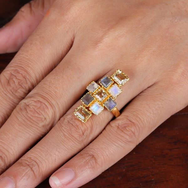 Alternate image for 18k Gold-Plated Five-Carat Multi-Gemstone Cocktail Ring Glorious Mosaics
