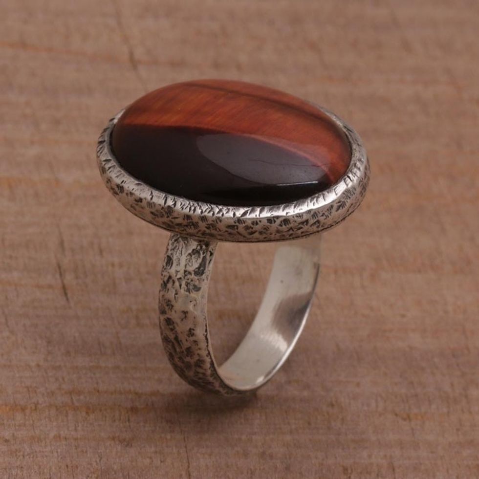 Tiger's Eye Single Stone Ring with an Oval Crown from Bali 'Earthen Ellipse'