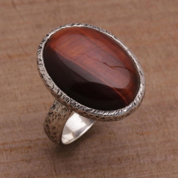 Alternate image for Tigers Eye Single Stone Ring with an Oval Crown from Bali Earthen Ellipse