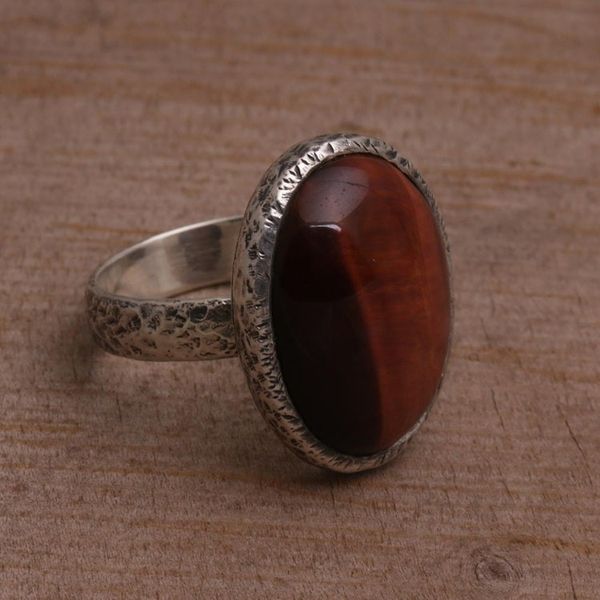 Alternate image for Tigers Eye Single Stone Ring with an Oval Crown from Bali Earthen Ellipse