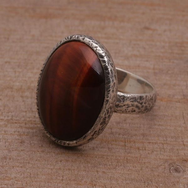 Alternate image for Tigers Eye Single Stone Ring with an Oval Crown from Bali Earthen Ellipse