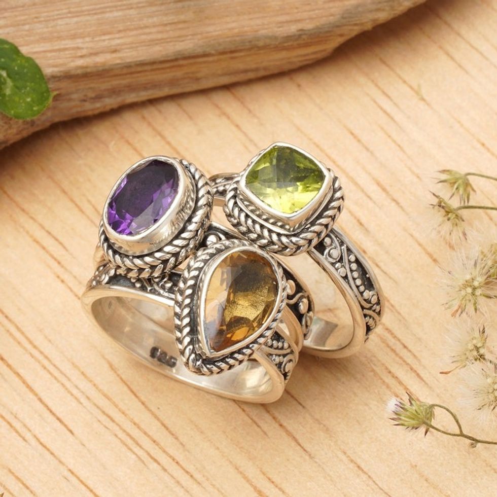 Multi-Gemstone Sterling Silver Stacking Rings Set of 3 'Perfect Prism'