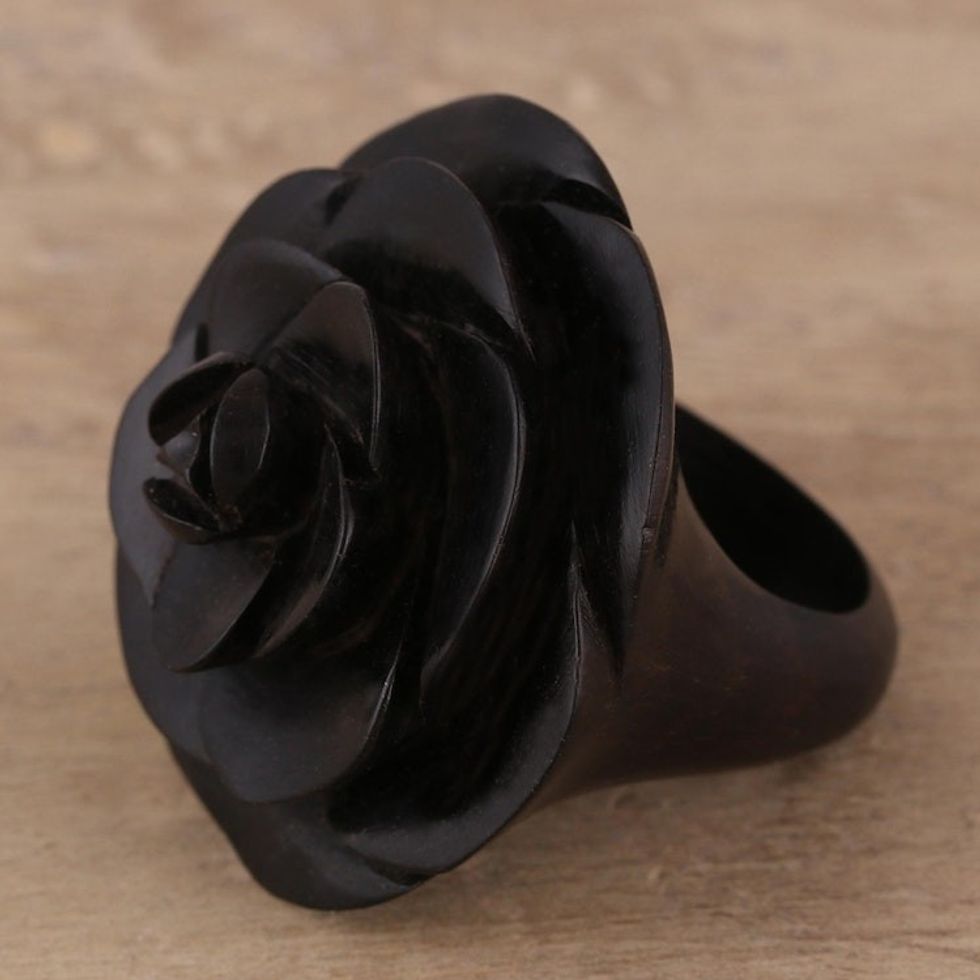 Hand-Carved Rose Flower Wood Cocktail Ring from India 'Royal Rose'