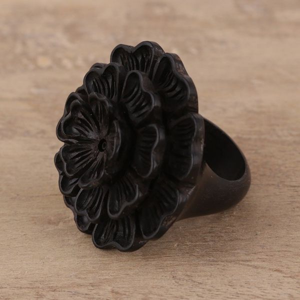 Alternate image for Hand-Carved Marigold Flower Wood Cocktail Ring from India Vibrant Marigold