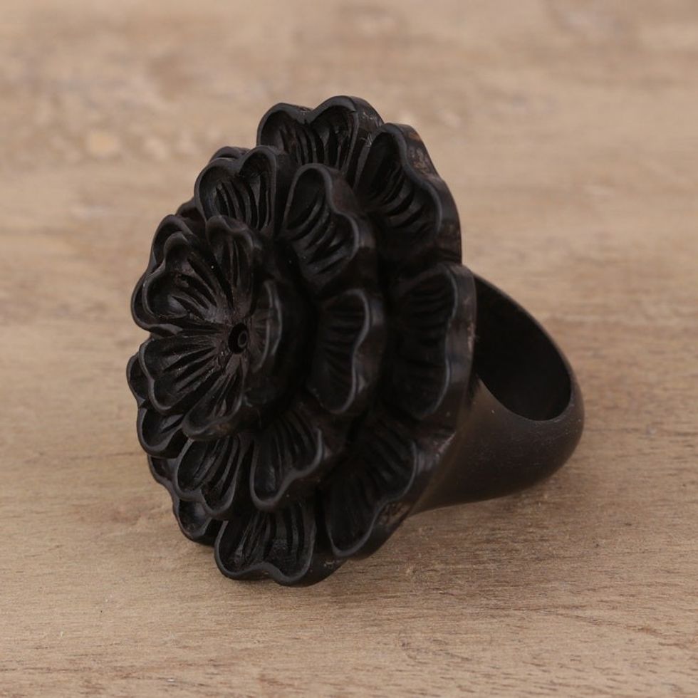 Hand-Carved Marigold Flower Wood Cocktail Ring from India 'Vibrant Marigold'