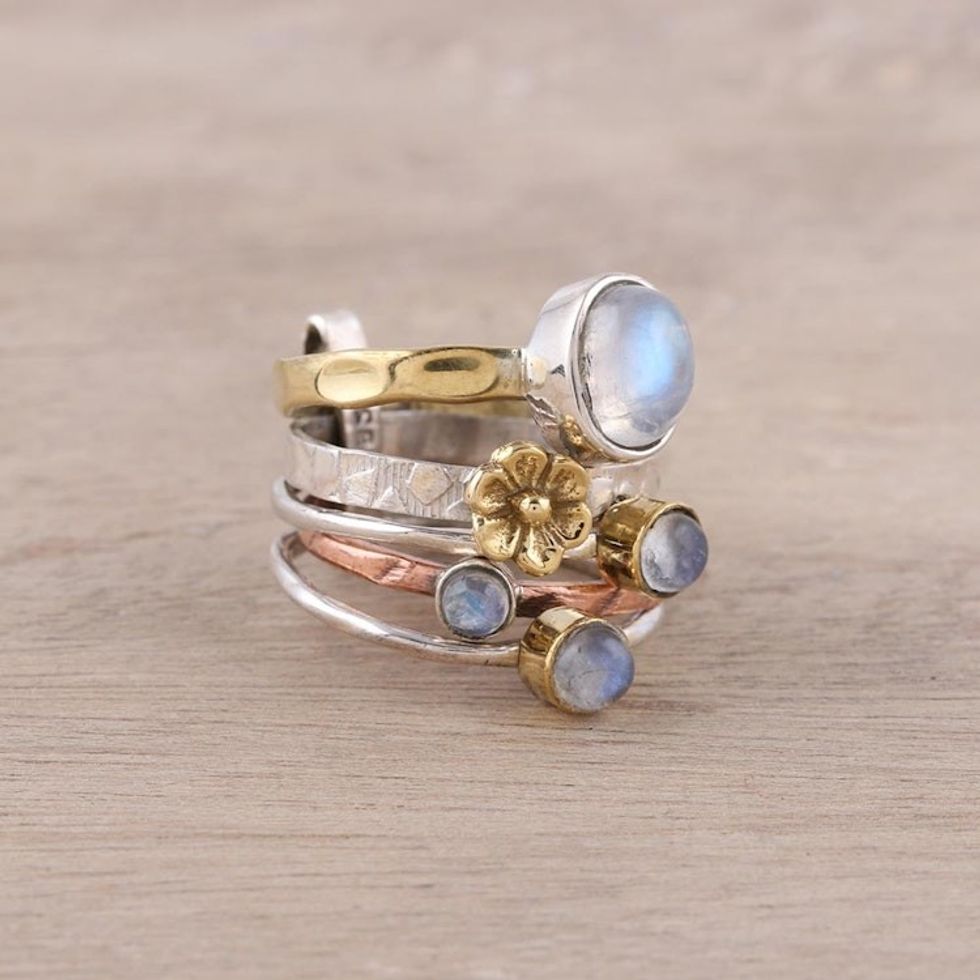 Mixed Metals Floral Rainbow Moonstone Ring from India 'Rain Flowers'