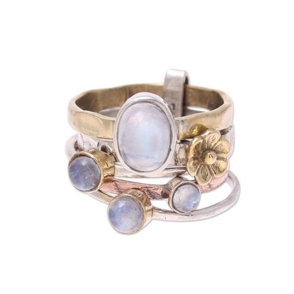 Alternate image for Mixed Metals Floral Rainbow Moonstone Ring from India Rain Flowers