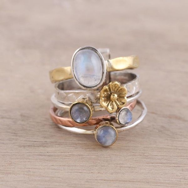 Alternate image for Mixed Metals Floral Rainbow Moonstone Ring from India Rain Flowers