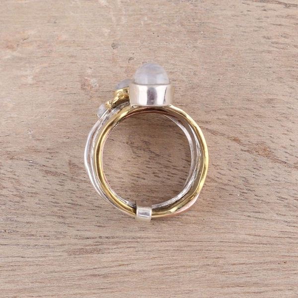 Alternate image for Mixed Metals Floral Rainbow Moonstone Ring from India Rain Flowers