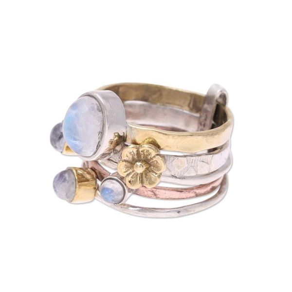 Alternate image for Mixed Metals Floral Rainbow Moonstone Ring from India Rain Flowers