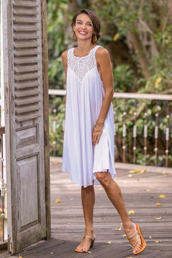 Alternate image for Hand Embroidered White Cotton Dress Drifting Clouds in White