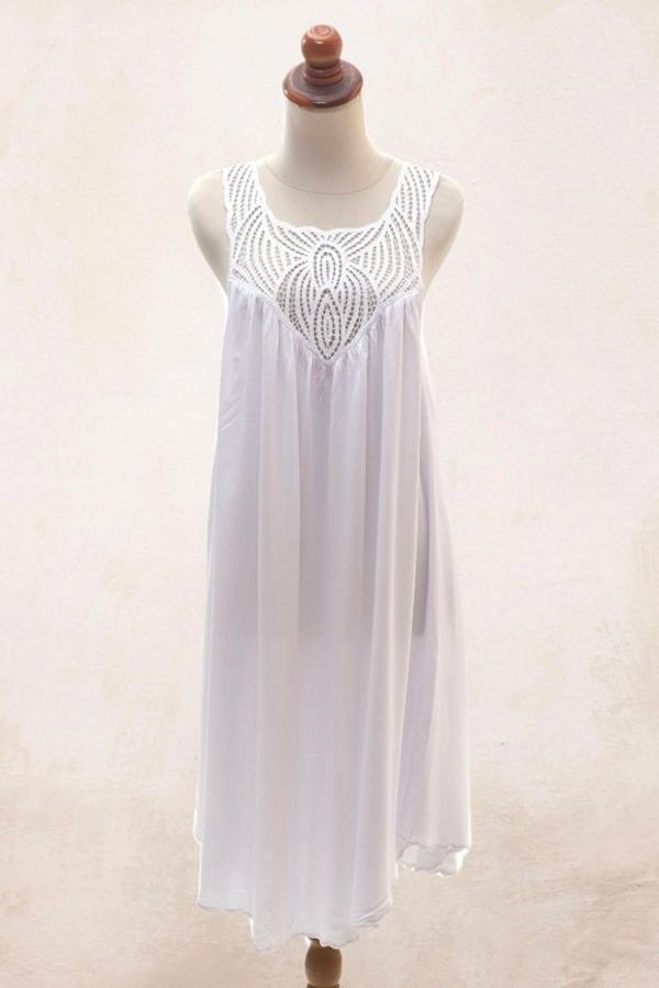 Alternate image for Hand Embroidered White Cotton Dress Drifting Clouds in White