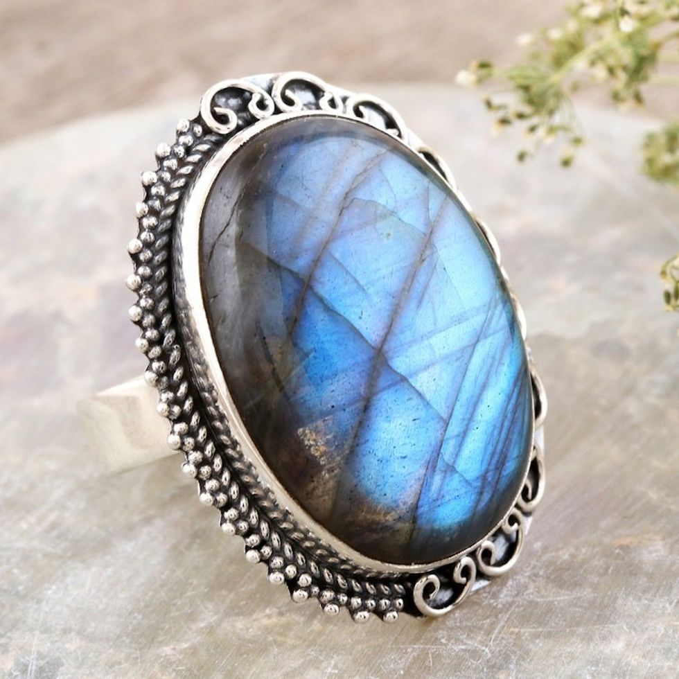 Sterling Silver and Labradorite Cocktail Ring 'Royal Reflections'