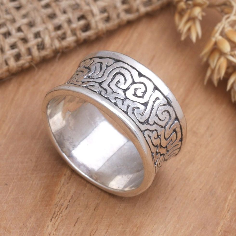 Men's Sterling Silver Band Ring with Labyrinth Motif 'In a Labyrinth'