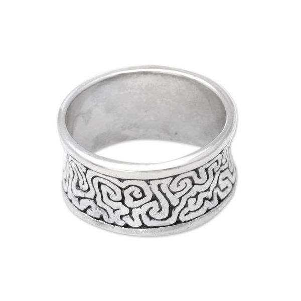 Alternate image for Mens Sterling Silver Band Ring with Labyrinth Motif In a Labyrinth
