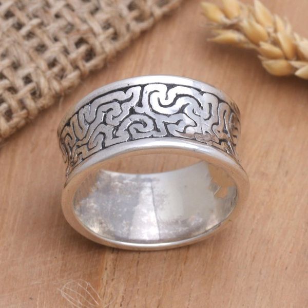 Alternate image for Mens Sterling Silver Band Ring with Labyrinth Motif In a Labyrinth