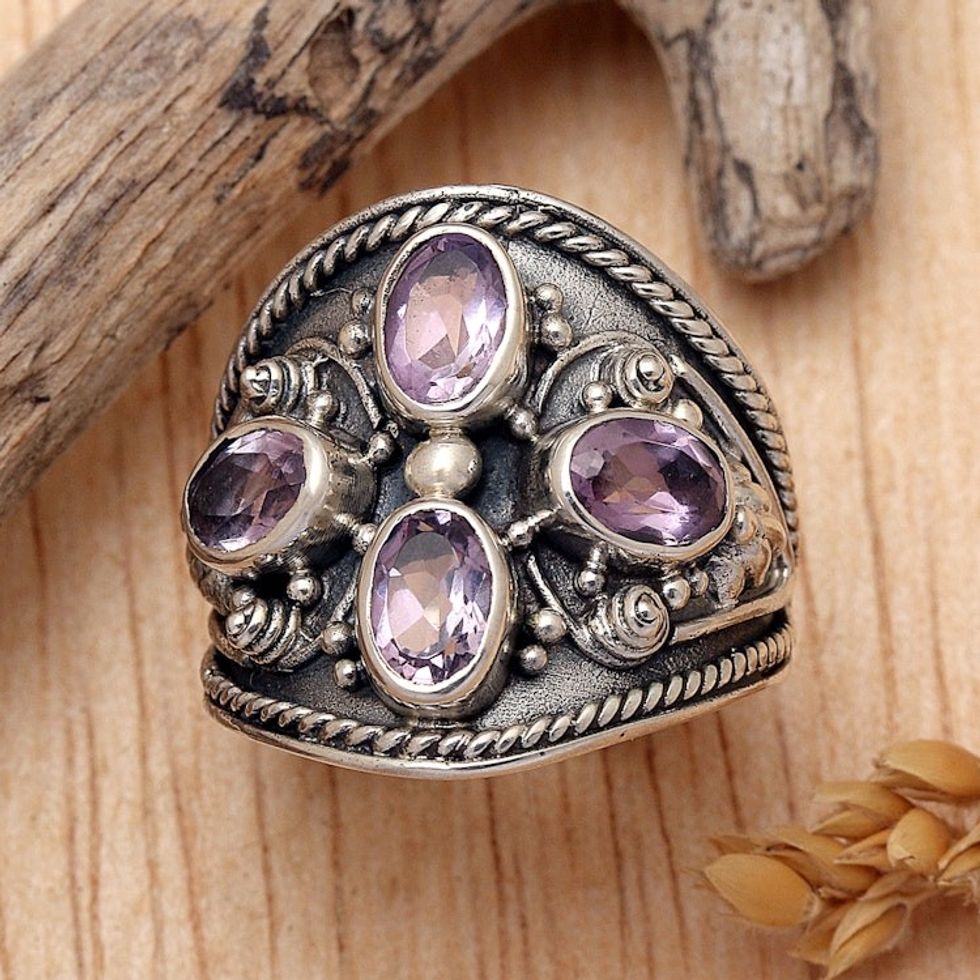Hand Made Sterling Silver Amethyst Multistone Ring Indonesia 'Purple Crest'