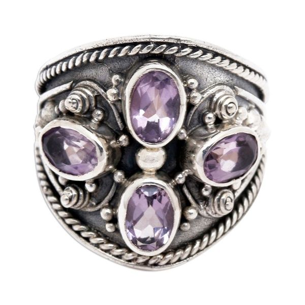 Alternate image for Hand Made Sterling Silver Amethyst Multistone Ring Indonesia Purple Crest