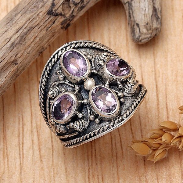 Alternate image for Hand Made Sterling Silver Amethyst Multistone Ring Indonesia Purple Crest
