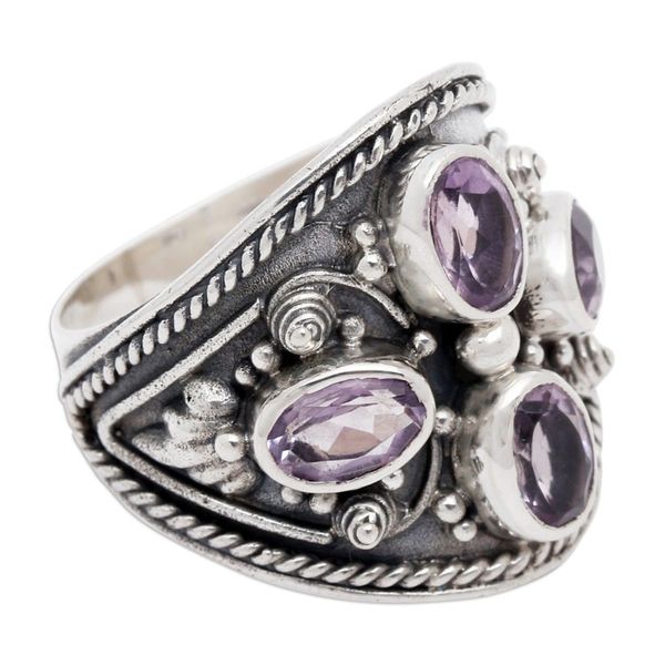 Alternate image for Hand Made Sterling Silver Amethyst Multistone Ring Indonesia Purple Crest