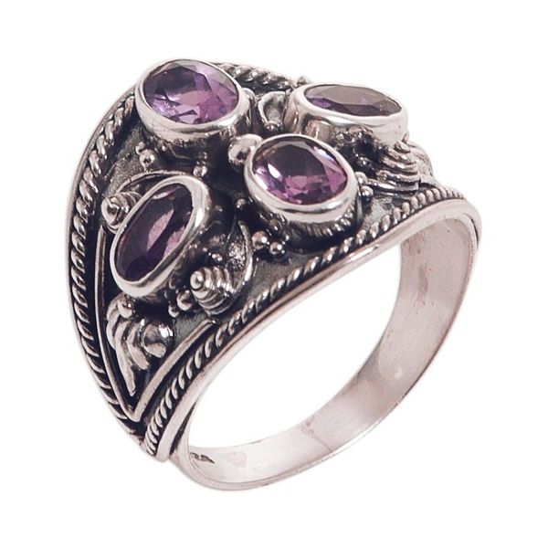 Alternate image for Hand Made Sterling Silver Amethyst Multistone Ring Indonesia Purple Crest