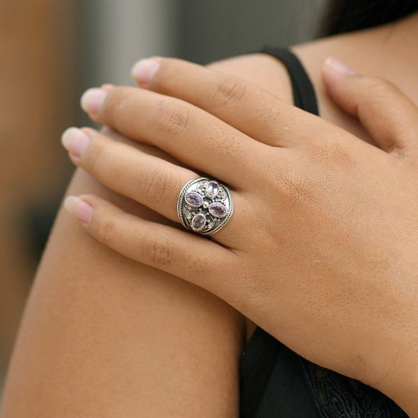 Alternate image for Hand Made Sterling Silver Amethyst Multistone Ring Indonesia Purple Crest