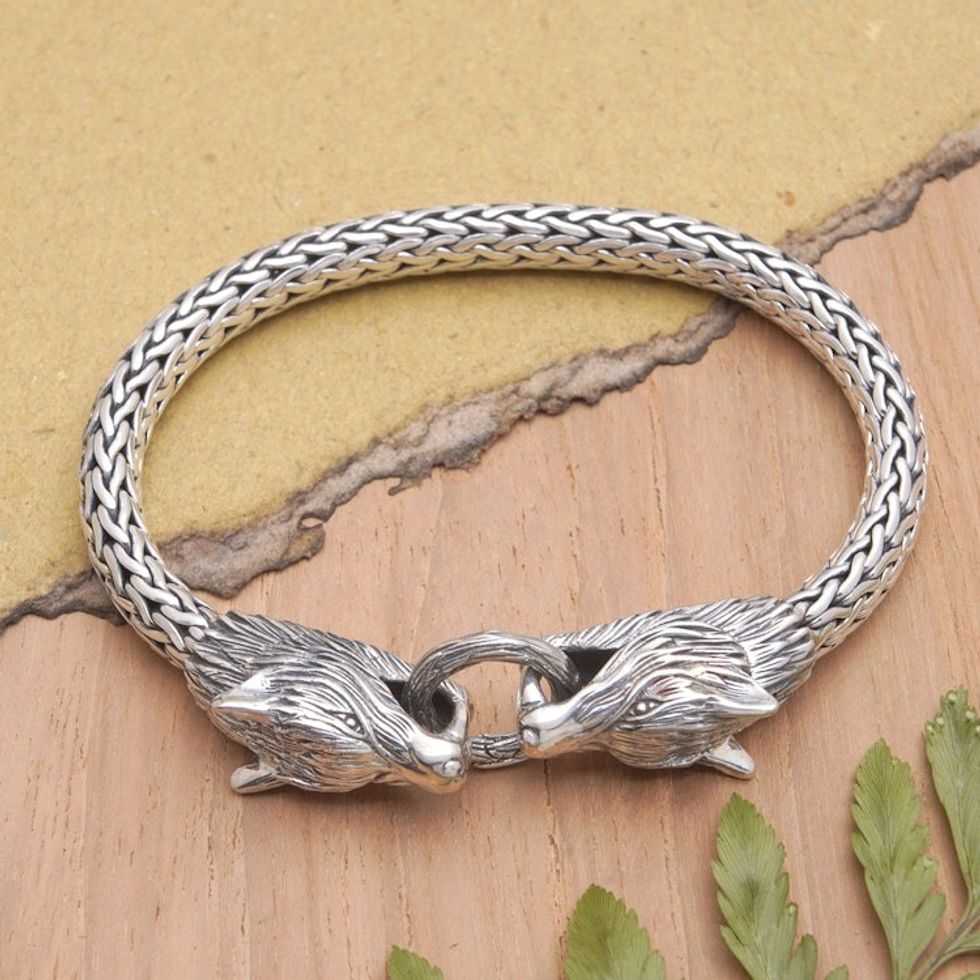 Men's Sterling Silver Chain Bracelet with Wolf Pendants 'Wolf Brotherhood'