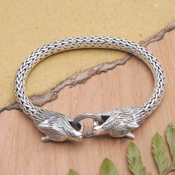 Alternate image for Mens Sterling Silver Chain Bracelet with Wolf Pendants Wolf Brotherhood