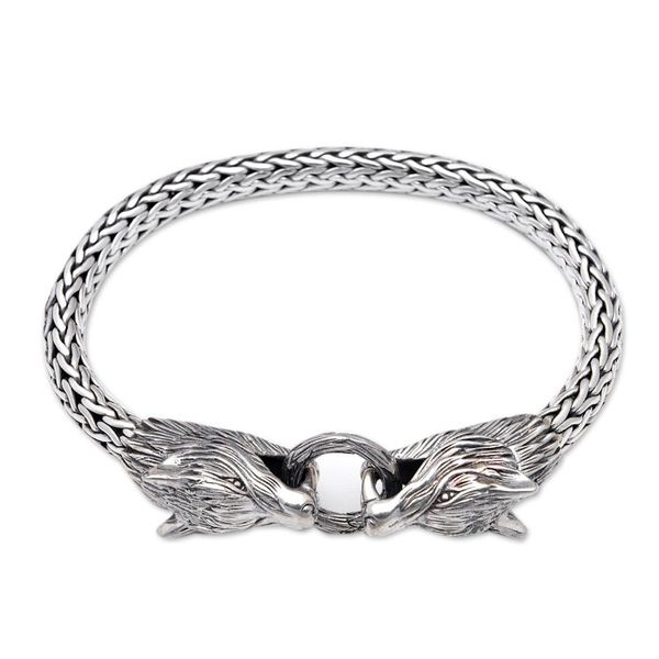 Alternate image for Mens Sterling Silver Chain Bracelet with Wolf Pendants Wolf Brotherhood