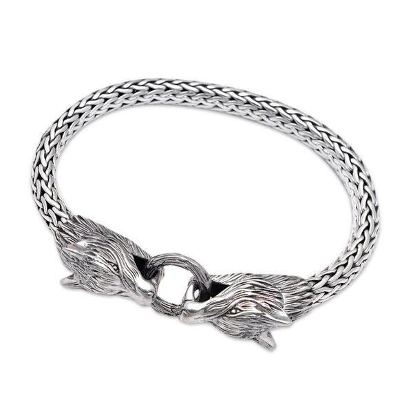 Alternate image for Mens Sterling Silver Chain Bracelet with Wolf Pendants Wolf Brotherhood