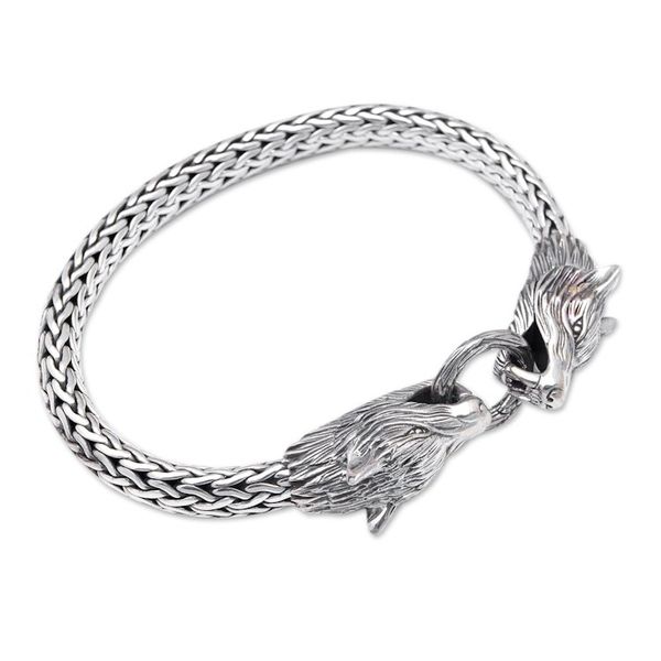 Alternate image for Mens Sterling Silver Chain Bracelet with Wolf Pendants Wolf Brotherhood