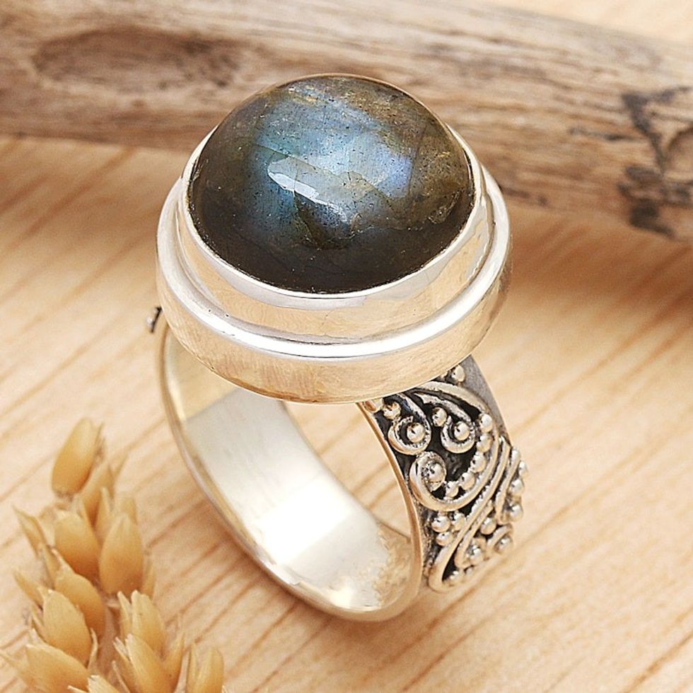 Labradorite and Sterling Silver Dome Ring from Bali 'Lovely Forest'