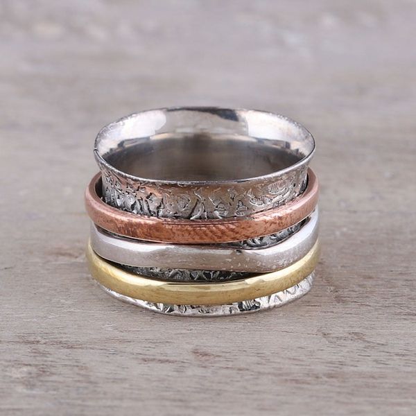 Alternate image for Sterling Silver Copper Brass Meditation Spinner Ring Trio Treasure