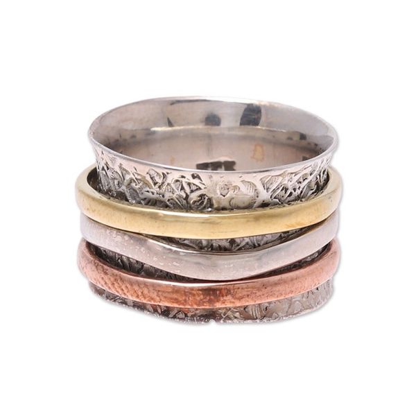 Alternate image for Sterling Silver Copper Brass Meditation Spinner Ring Trio Treasure