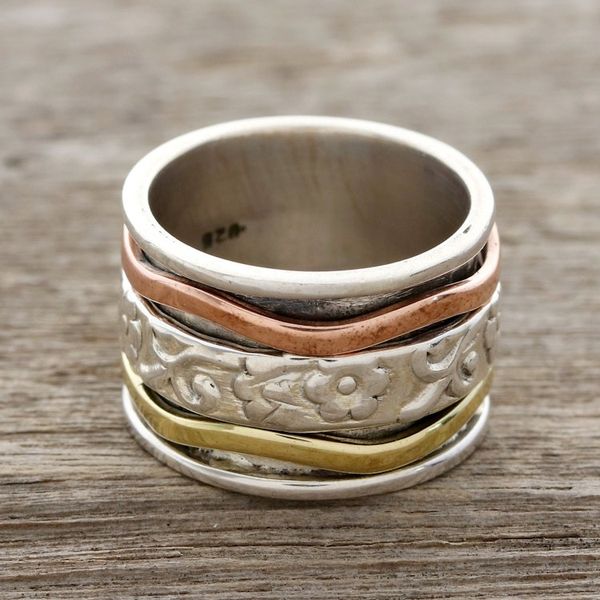 Alternate image for Floral Sterling Silver Spinner Ring with Brass and Copper Blossom Delight